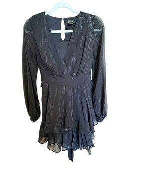 Japna Black Metallic Shimmer Faux Wrap Mini Dress Small